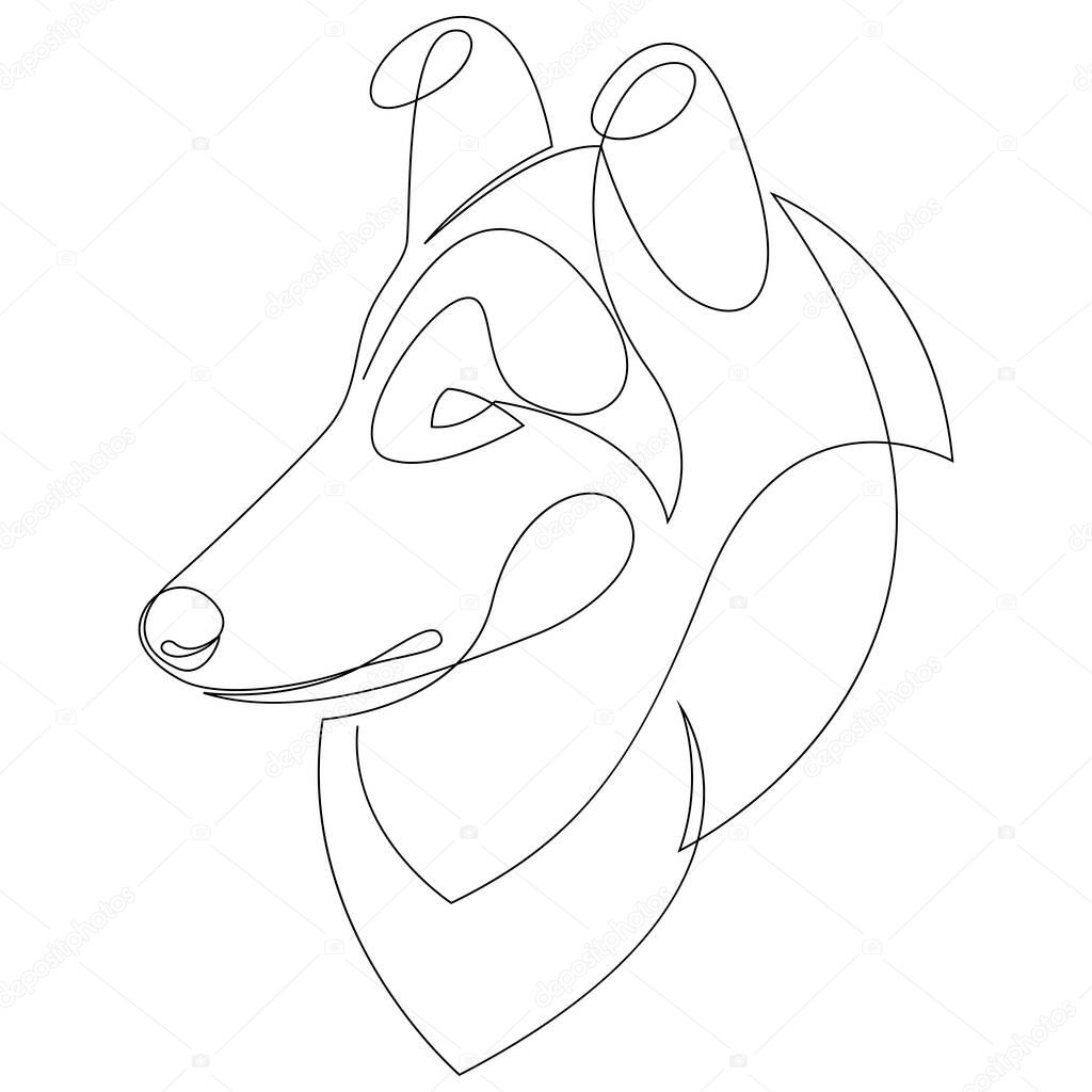 Line drawing Rough Collie Dog tattoo. Vector Illustration. Free single line art of Long hair Dog Breeds. Continuous outline drawing of dog. Pets one line hand drawing. Minimalistic Line Icon