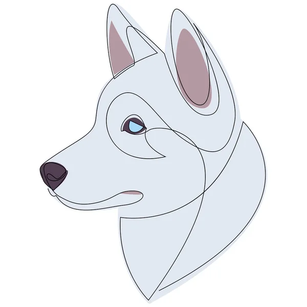 Retrato de cão Husky siberiano. Linha contínua. Desenho de linha de cão husky de cor branca. Ilustração vetorial com cor. — Vetor de Stock