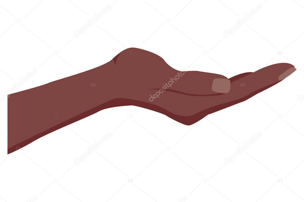 Facing up hand vector illustration isolated. Afro American dark skin color. Female open palm up in getting or receiving something gesture, holding, showing, presenting product business concept