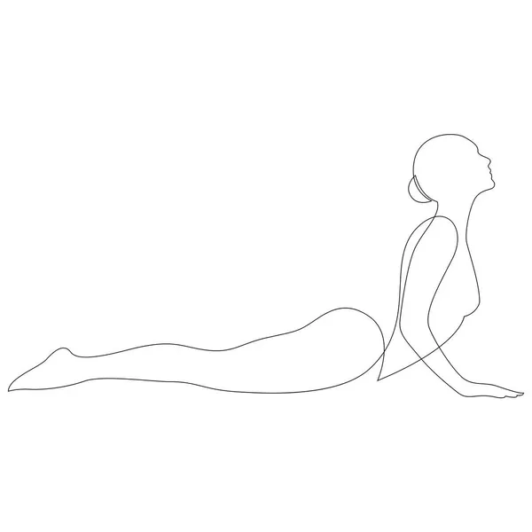 Mujer Haciendo Ejercicio Yoga Cobra Pose Bhujangasana Dibujo Continuo Línea — Vector de stock