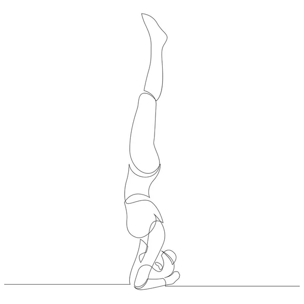 Mulher Fazendo Pose Ioga Headstand Desenho Linha Contínua Yoga Pose — Vetor de Stock