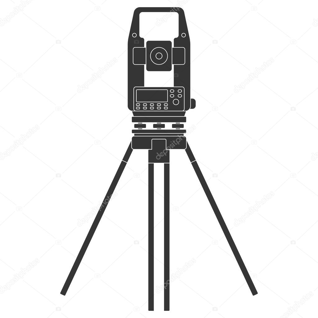 Theodolite on tripod icon for web, mobile and infographics. Vector dark grey icon isolated on white background.