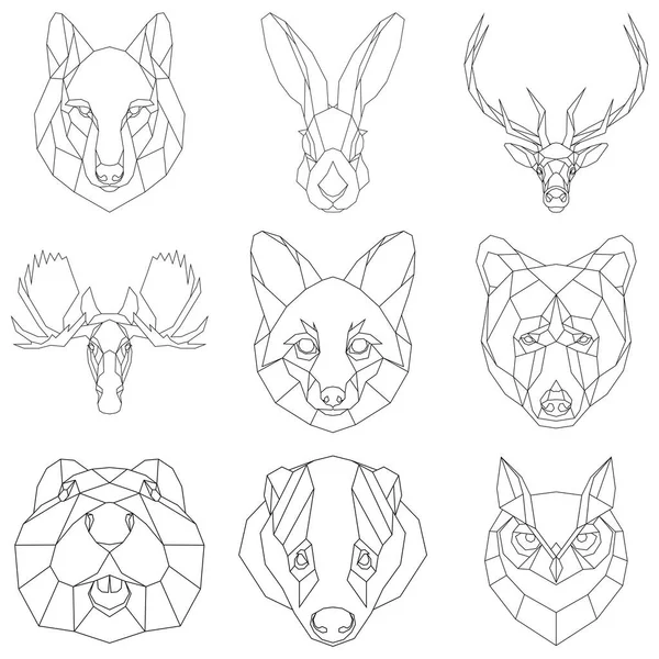 Cabezas geométricas de animales nórdicos. Conjunto de bestias poligonales. Ilustración vectorial — Vector de stock