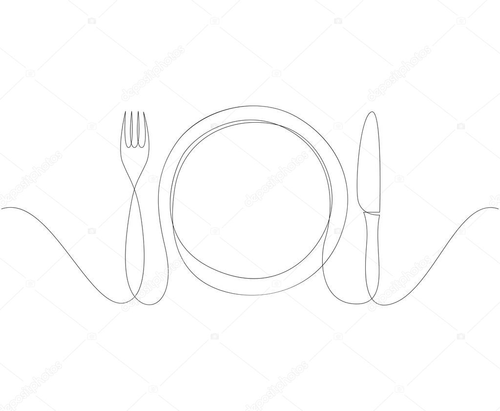 One continuous line plate, khife and fork. Vector illustration.