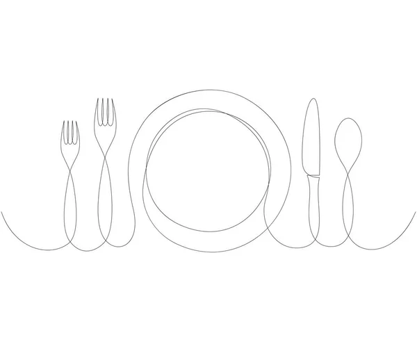 Συνεχής γραμμή σχέδιο της πλάκας, μαχαίρι, και πιρούνι. Minimalism χέρι που ένα μινιμαλιστικό μινιμαλιστικό δείπνο θέμα διανυσματική απεικόνιση σε λευκό φόντο. — Διανυσματικό Αρχείο