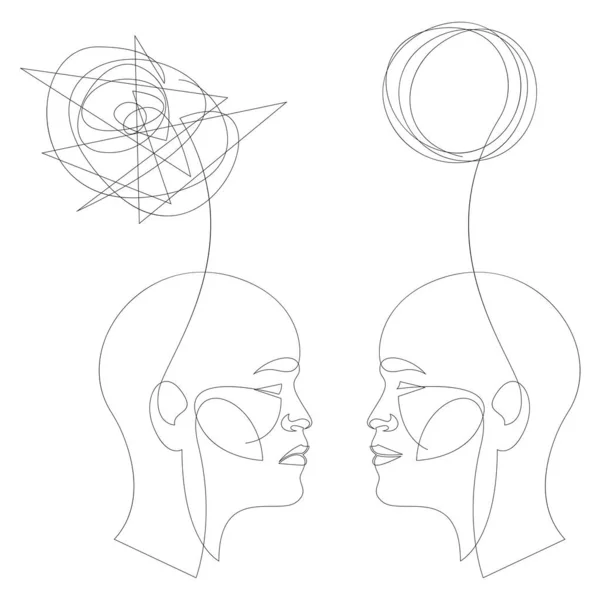 Pensamientos confusos y conceptos de pensamientos claros. Dibujo continuo en línea de dos personas con una imagen condicional de la mente en forma de una bola enredada y una pareja. Ilustración vectorial. — Vector de stock
