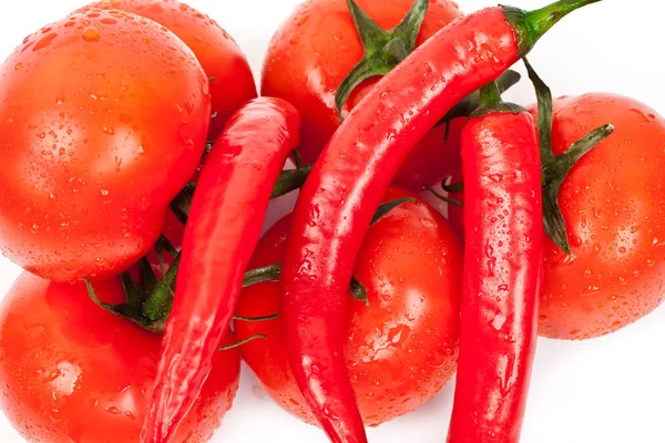 Fresh tomatoes and hot peppers — Stock Photo, Image