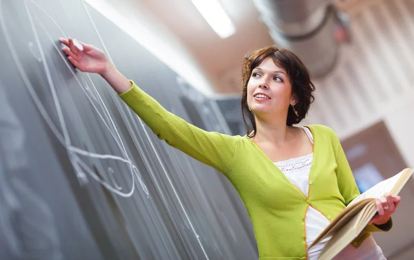 Hübsche junge Lehrerin schreibt an die Tafel — Stockfoto