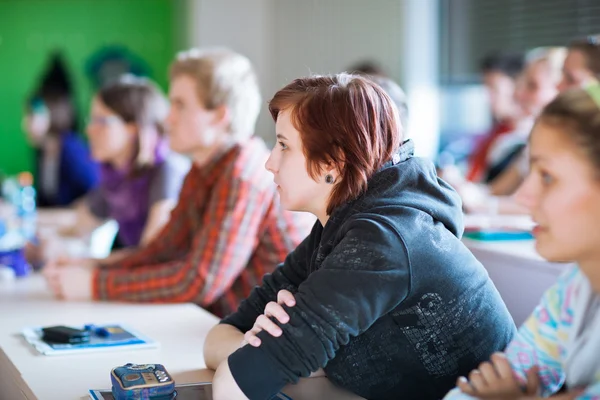 Junge, hübsche Studentin sitzt in einem Klassenzimmer voll — Stockfoto