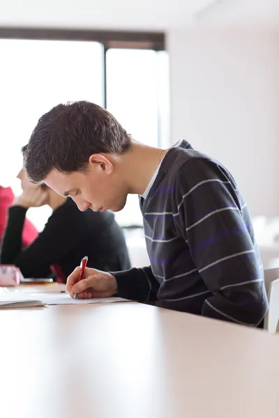 Young, handsome male college student sitting in a classroom full — Stock Photo, Image