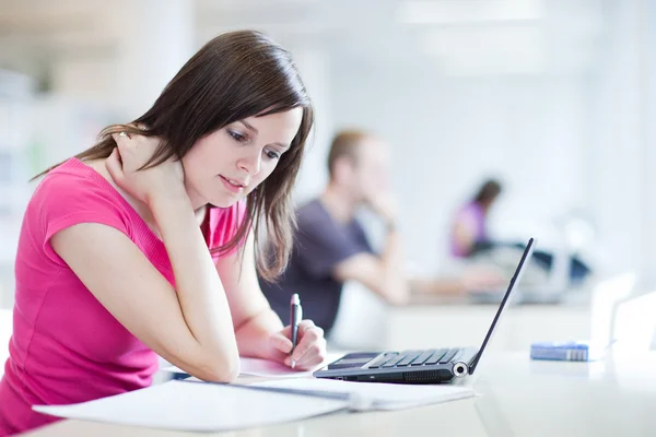 In the library - pretty female student with laptop and books wor — Stock Photo, Image