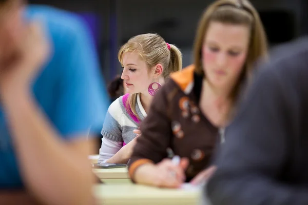 Jolie étudiante assise dans une salle de classe pleine de stu — Photo