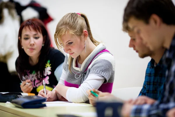 Pretty female college student sitting in a classroom full of stu Stock Image