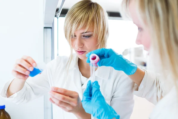 Dos investigadoras trabajando en un laboratorio (imagen tonificada en color) ) — Foto de Stock