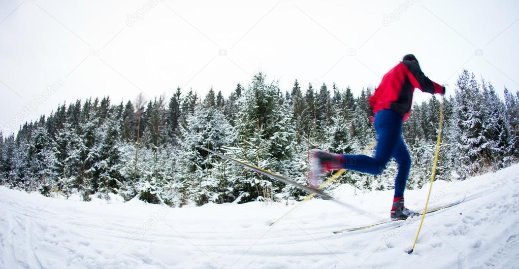 young man cross-country skiing on a snowy forest trail (motion b