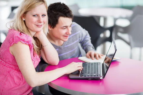 Dois estudantes universitários se divertindo estudando juntos, usando um lapto — Fotografia de Stock