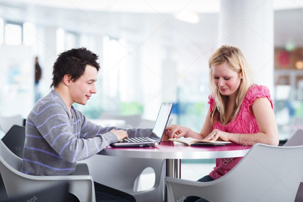 Two college students having fun studying together, using a lapto