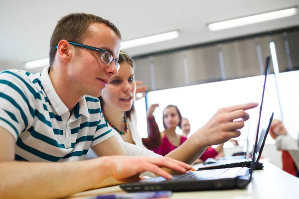 Estudantes universitários sentados em uma sala de aula, usando computadores portáteis — Fotografia de Stock