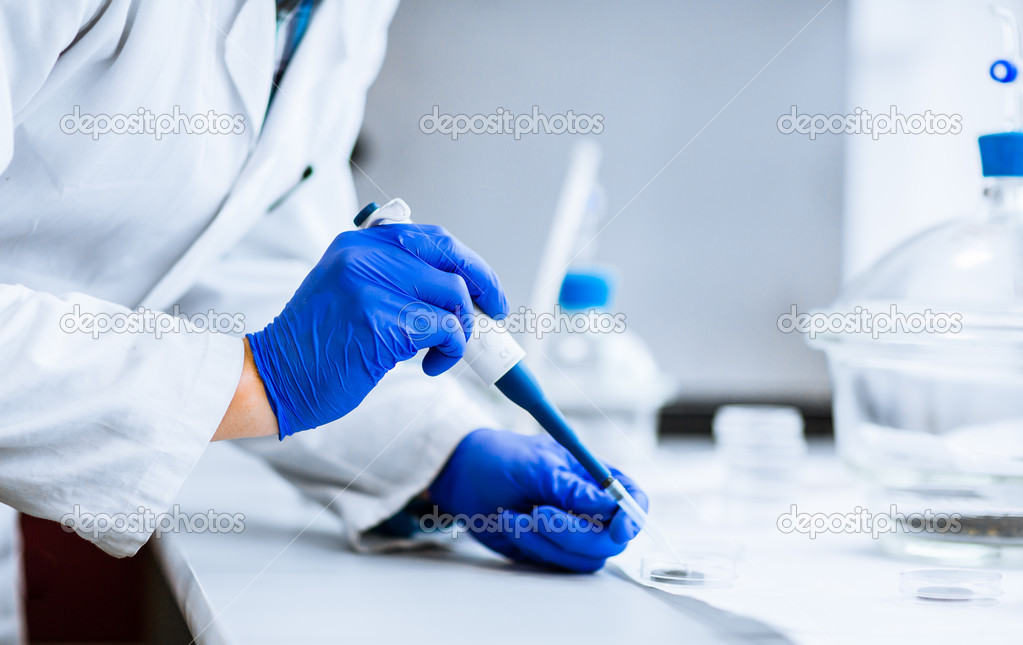 Hands of a researcher carrying out scientific research experimen