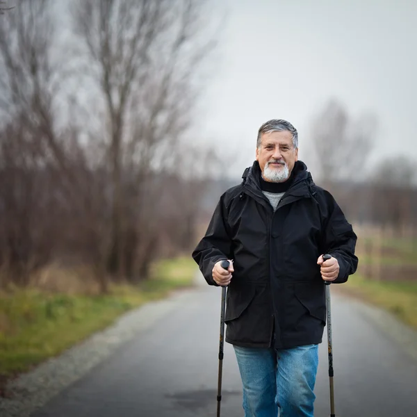 Starszy mężczyzna nordic walkingu — Zdjęcie stockowe