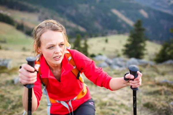 Vrouwelijke wandelaar hebben een zware wandeling omhoog — Stockfoto