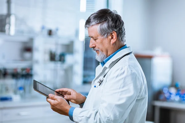 Senior researcher using a computer — Stock Photo, Image