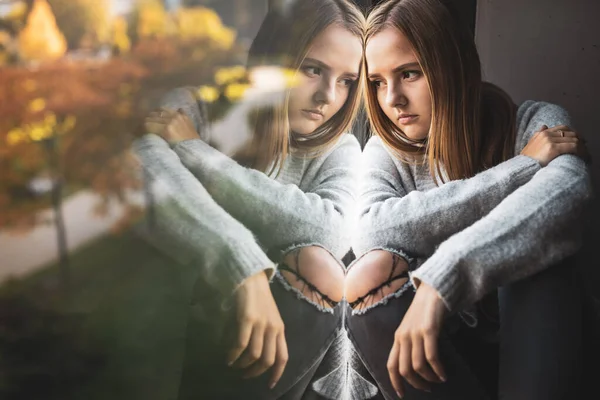 Depressed Anxious Young Woman Sitting Large Window Feeling Blue Sad — Stock Photo, Image