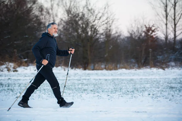 Hombre Mayor Nórdico Caminando Aire Libre Día Nevado Invierno — Foto de Stock