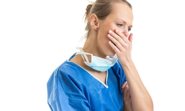 Retrato Uma Médica Sentindo Para Baixo Exausta Frustrada Muito Cansada — Fotografia de Stock