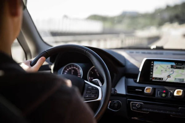 Driver Steering Wheel Modern Car Shallow Dof Color Toned Image — Stock Photo, Image