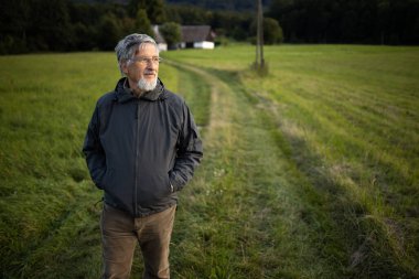 Kıdemli adam dışarıda eğleniyor, yürüyüş yapıyor, güzel doğada yürüyor.