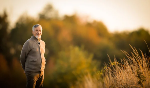 Retrato Hombre Mayor Guapo Otoño Aire Libre Senioor Activo Disfrutando — Foto de Stock