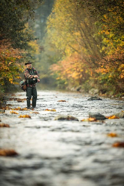 Pêcheur Mouche Pêche Mouche Sur Une Splendide Rivière Montagne — Photo