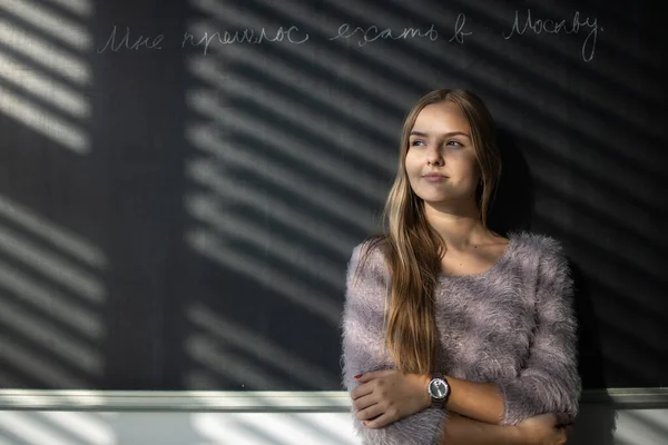 Mooie Jonge Studente Voor Een Schoolbord Tijdens Les — Stockfoto