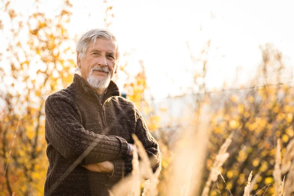 Felice Uomo Anziano Godendo Una Bella Giornata Autunno All Aperto — Foto Stock