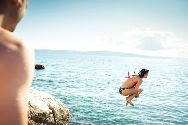 Young Man Having Fun Taking Dive Sea — Stock Photo, Image