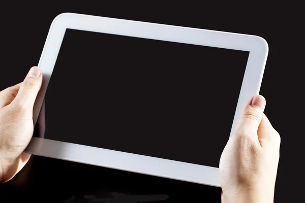 Menselijke hand met lege touchscreen toestel — Stockfoto