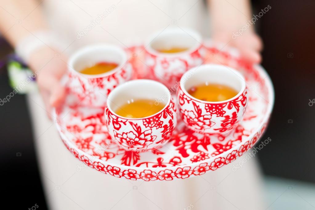 Chinese tea ceremony cups in wedding day