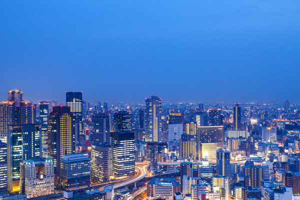 Dense skyline of Umeda District, Osaka, Japan.