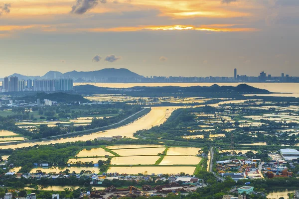 Solnedgång jordbruksmark och damm i hong kong — Stockfoto