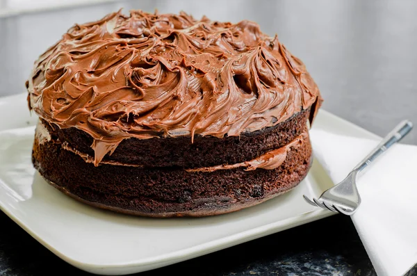 Huisgemaakte chocolade cake met zweepslagen van chocolade slagroom. — Stockfoto