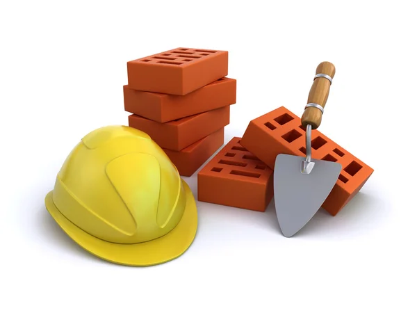 Construction helmet with bricks and trowel — Stock Photo, Image