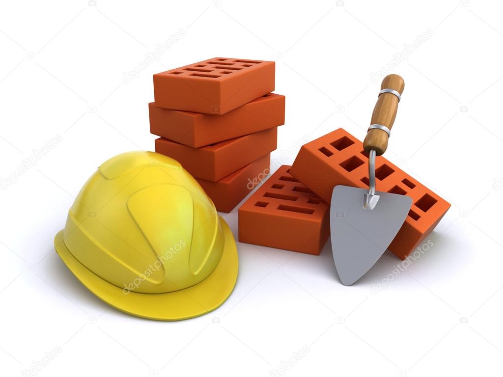 construction helmet with bricks and trowel