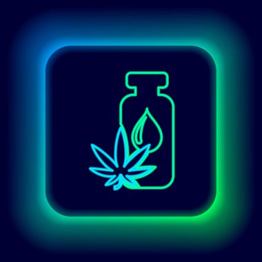 Parlayan neon hattı. Siyah arka planda izole edilmiş tıbbi marihuana veya kenevir yaprağı zeytinyağı damlası ikonu. Esrar özütü. Kenevir sembolü. Renkli taslak konsepti. Vektör