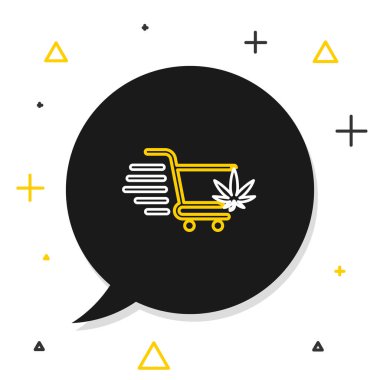 Beyaz arka planda marihuana ya da kenevir yaprağı ikonu olan bir market arabası. İnternetten satın alma. Teslimat servisi. Süpermarket sepeti. Renkli taslak konsepti. Vektör