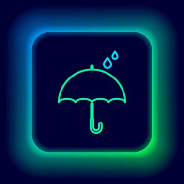 Parlak neon hattı Umbrella ve yağmur damlaları simgesi siyah arkaplanda izole edildi. Su geçirmez ikon. Koruma, güvenlik, güvenlik kavramı. Suya dayanıklı sembol. Renkli taslak konsepti. Vektör