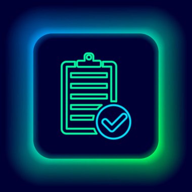 Parlayan neon hattı iletim listesi panosu ve kalem simgesinin doğrulanması siyah arkaplanda izole edildi. Renkli taslak konsepti. Vektör