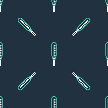 Tıbbi inceleme ikonu için Line Medikal termometresi siyah arka planda izole edilmiş kusursuz desen. Vektör