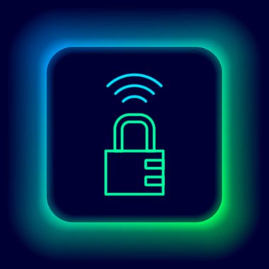 Parlayan neon hattı Akıllı güvenli kilit simgesi siyah arkaplanda izole edildi. Kombinasyon asma kilit. Güvenlik, güvenlik, koruma, şifre, gizlilik. Renkli taslak konsepti. Vektör