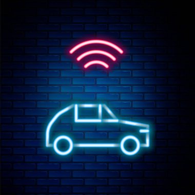 Parlak neon hattı kablosuz bağlantı ikonu olan akıllı araba sistemi tuğla duvar arka planında izole edilmiş. Renkli taslak konsepti. Vektör